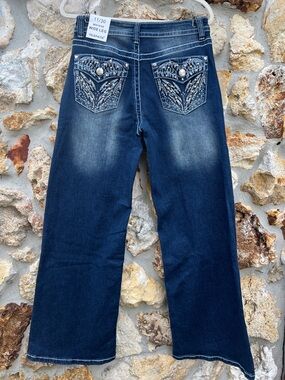 Telepatia jeans wide leg mid rise Dark Blue Denim embellished pockets